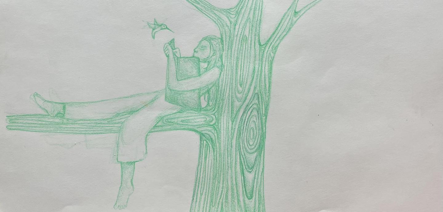 A drawing in green ink of a person sitting on a tree branch and reading a book, with a hummingbird floating nearby.