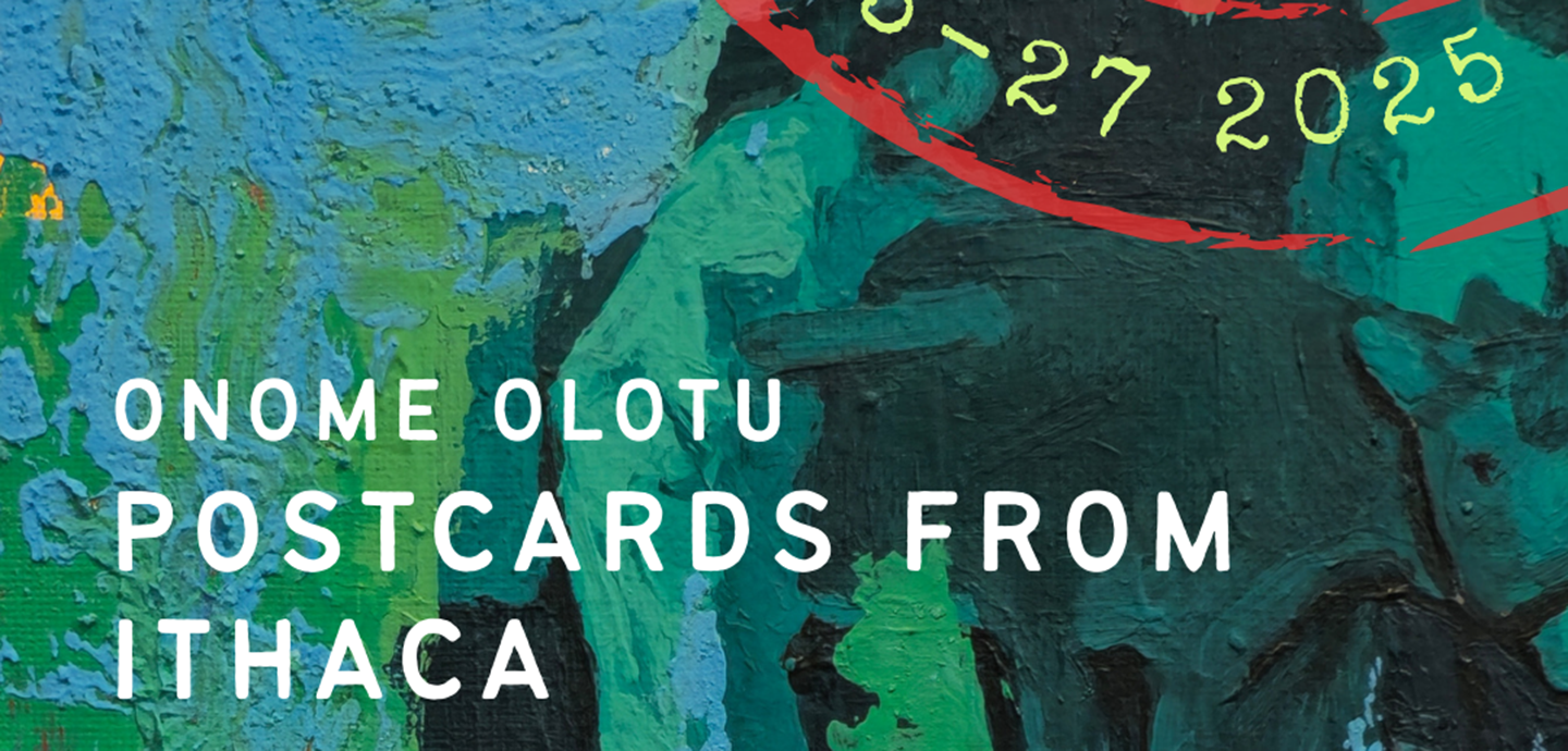 A blue and green painting with a red semi-circle and white text with the exhibition title