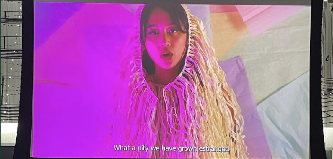 Projection of a woman wearing a straw leigh recreating a film scene in a pink hue.