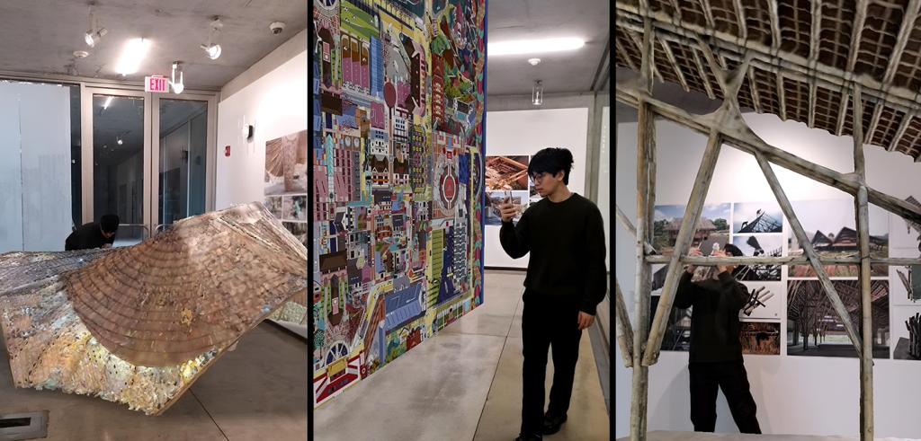 A series of panels with a student interacting with augmented reality technology.