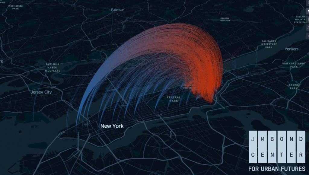 map of New York City that is black and grey, with a colorful accent of red and blue above the map. In the bottom left hand corner of the image is a logo which reads JM Bond Center for Urban Futures. 