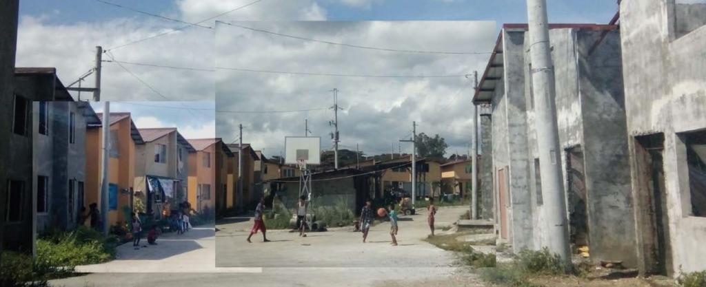 a collection of photos of a basketball court between buildings
