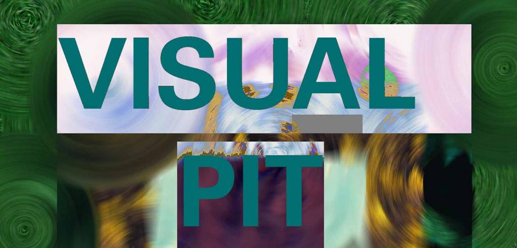 Swirl background with dark green border and lighter colors behind the words Visual Pit written in teal color.