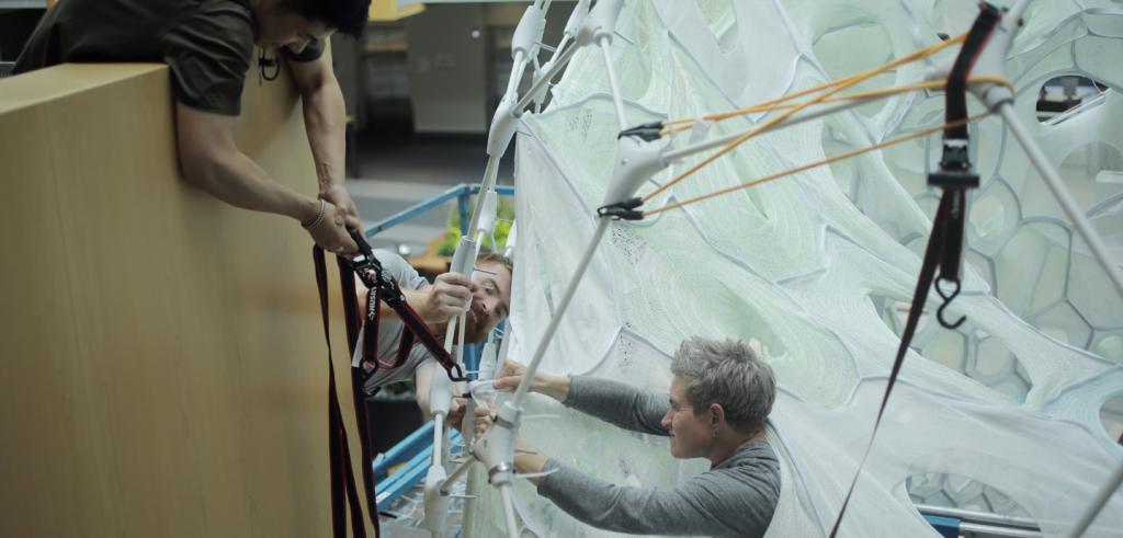a team of people installing a structure with netting and rope