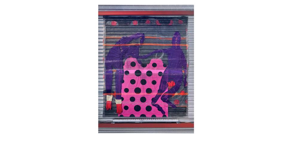 collaged material on an aluminum sliding door