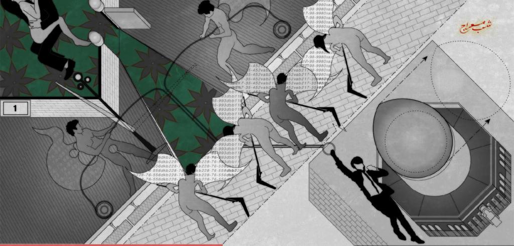 Black and white digital rendering of a imaginary mechanical device, overlaid with human figures.. 