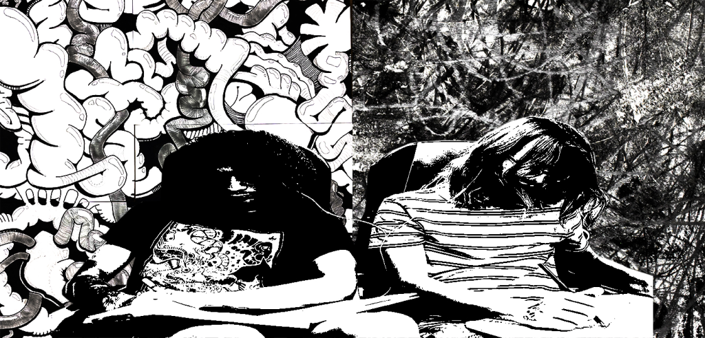 Black and white photos of two human figures slumped in chairs with hair covering their faces sit in front of black and grey abstract drawn background. 