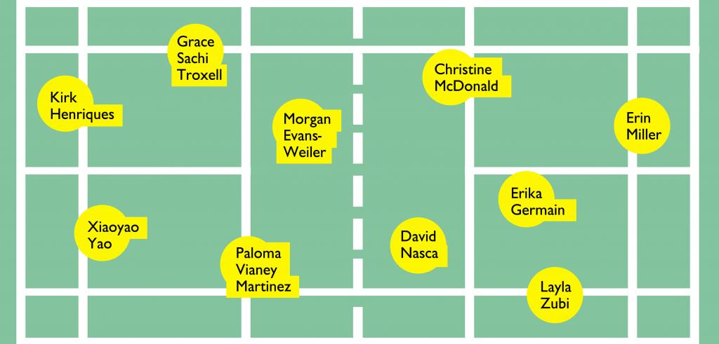 Light green and white badminton course with yellow figures with different names on them.