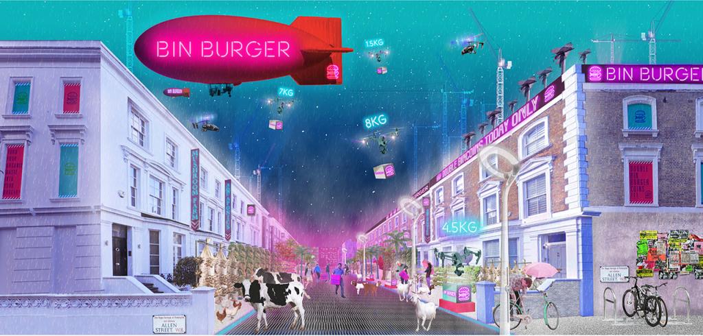 A public walkway situated between a series of buildings with a bright orange and pink neon blimp in the sky with drones. 