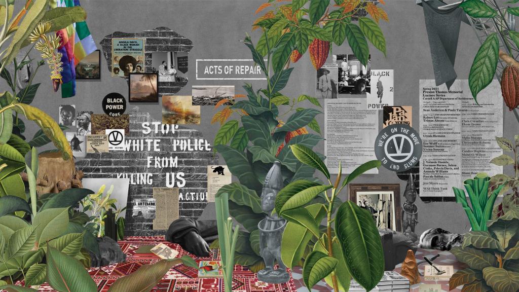 A collage of plants surrounding activist symbols and artifacts.