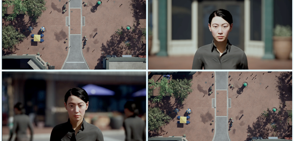 A series of four images, two stacked on top of two. The first two images show a far away top down view of a sidewalk with people around, then the second image of a person staring sternly at the camera. The pattern repeats on the bottom.