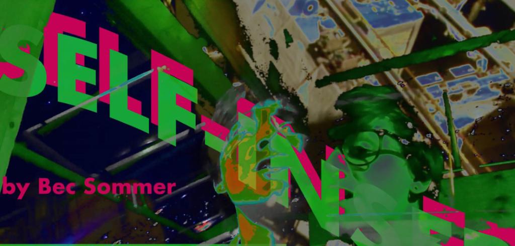 Neon colored poster for art show featuring an abstract building and two faces in the lower right corner.