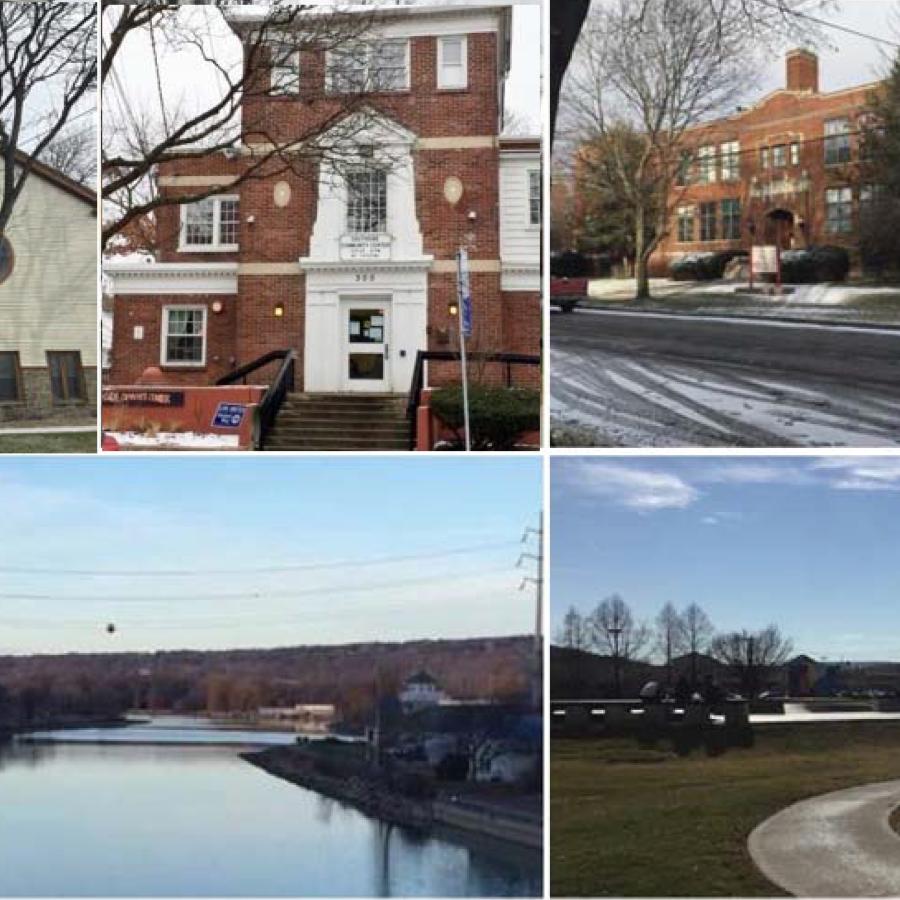 collage of images of a town including churches, schools, parks