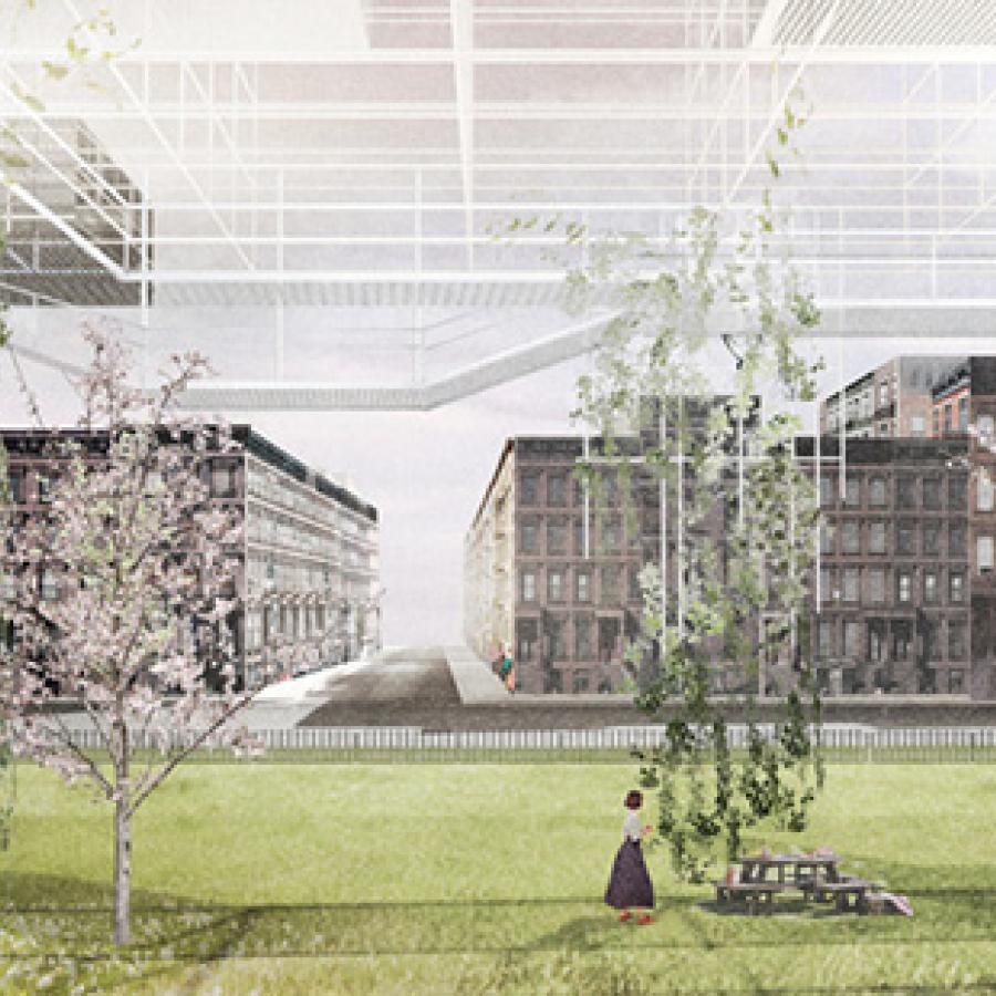 Render of park with proposed structure above.