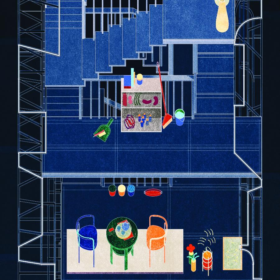 Colorful furniture and objects stand out in shades of blue rooms.