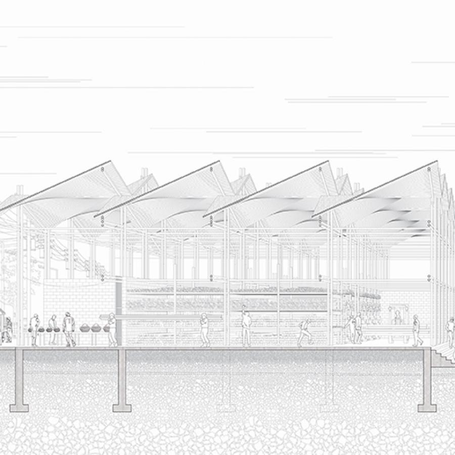 Section with construction detail with people occupying the building and street.