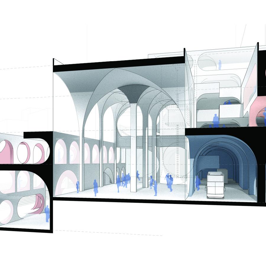 Section showing different vault arrangements for public space to storage etc.