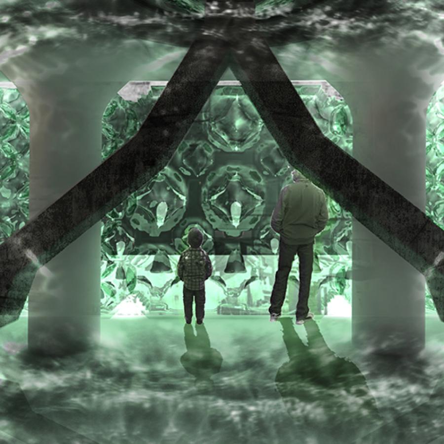 Digital rendering of an architectural structures interior.