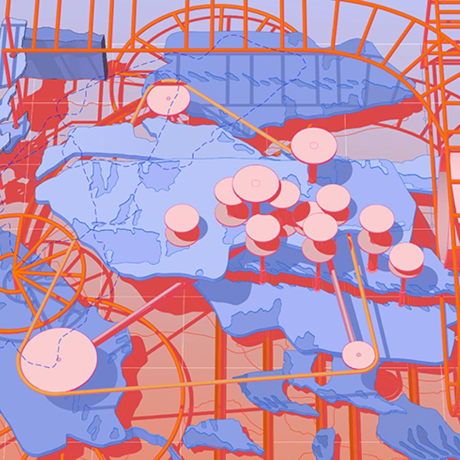 A colorful digital rendering of the surface of a mine. 