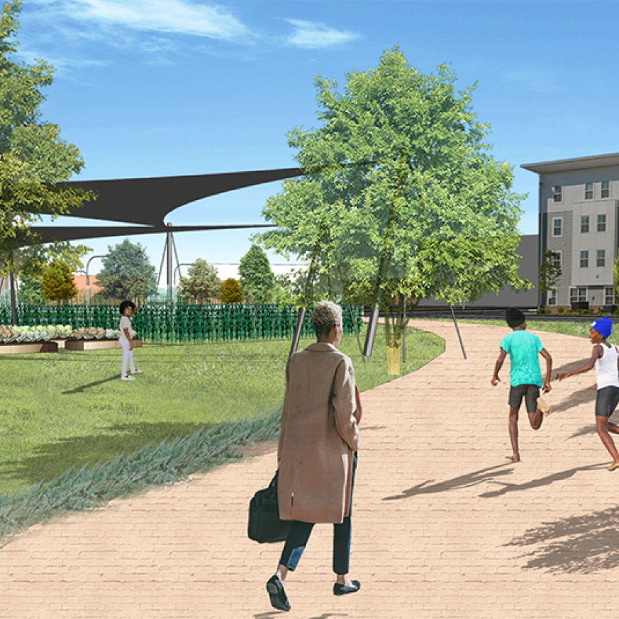 a rendered image of park with people, trees, and buildings