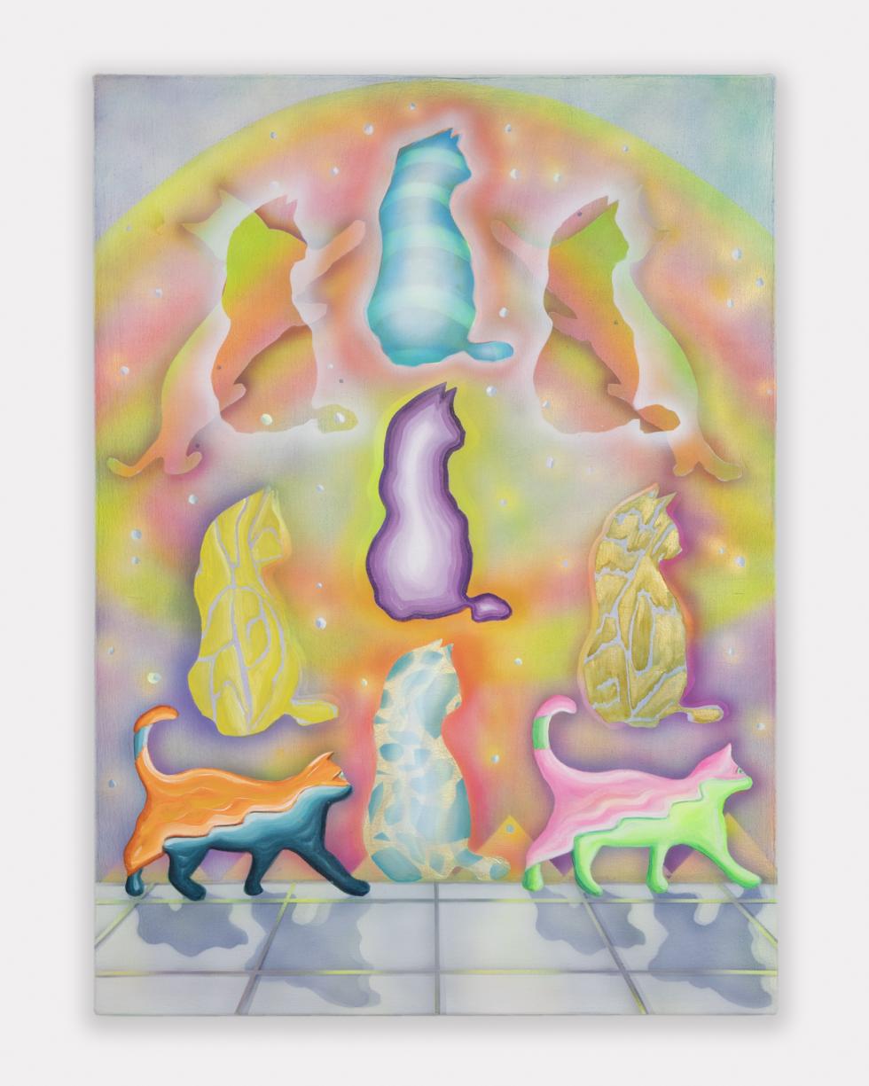 A painting of 9 brightly colored, rainbow cats stacked three in a row, set against a tile floor and bright, colorful background.