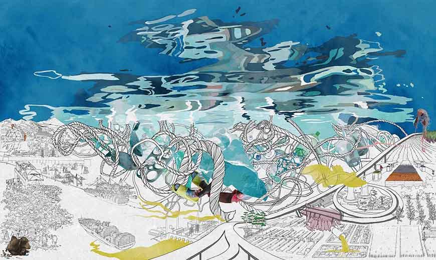 Complex multimedia drawing of a city scape overlapped with an abstracted painting of water and ropes