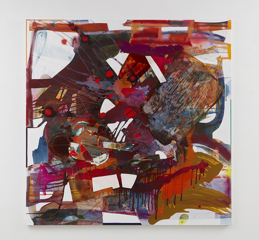 An abstract painting in shades of red, purple, and brown 