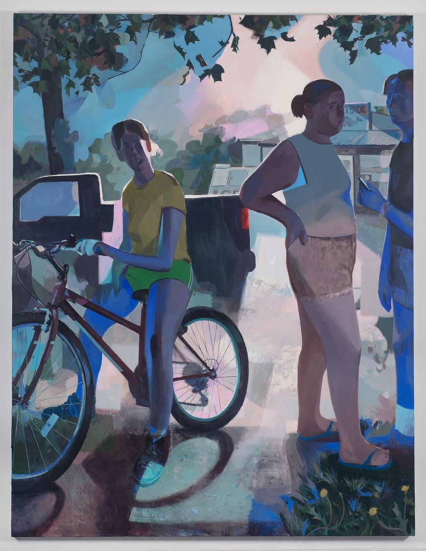 A painting of a woman on a bicycle, with two people standing and talking next to her.