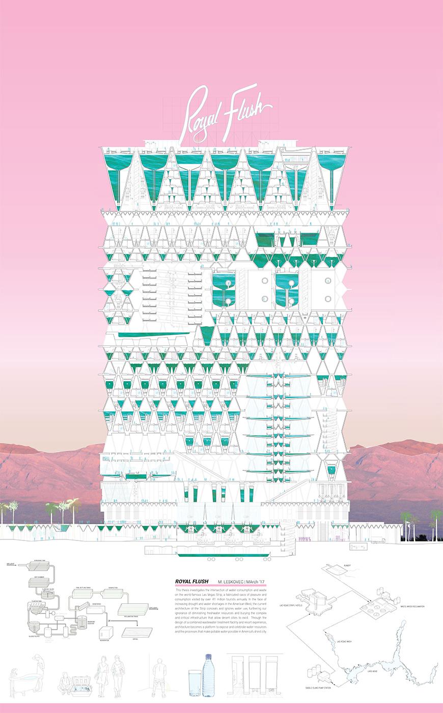 Section of a building with Royal Flush sign at the top against a pink background