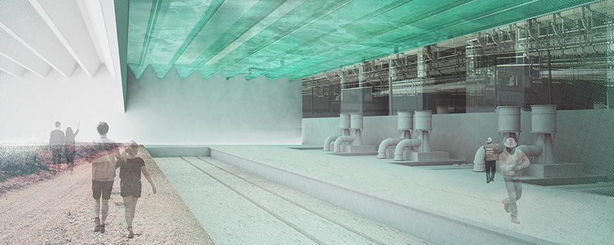 rendering of the interior of a building with a low, triangular ceiling