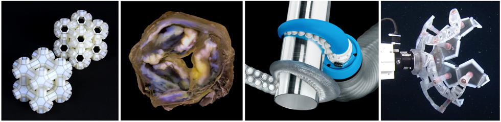 a series of four squares in a row depicting different shapes and colors