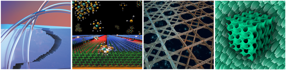 a series of four squares in a row depicting different shapes and colors