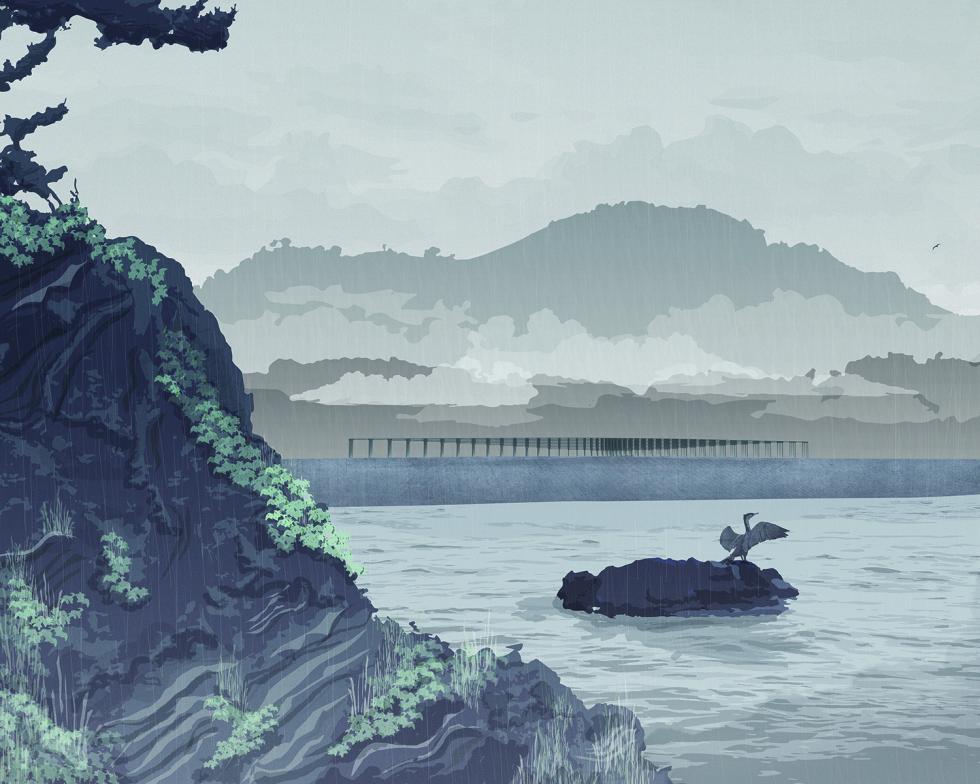 an image of water with a small island and mountains in the background