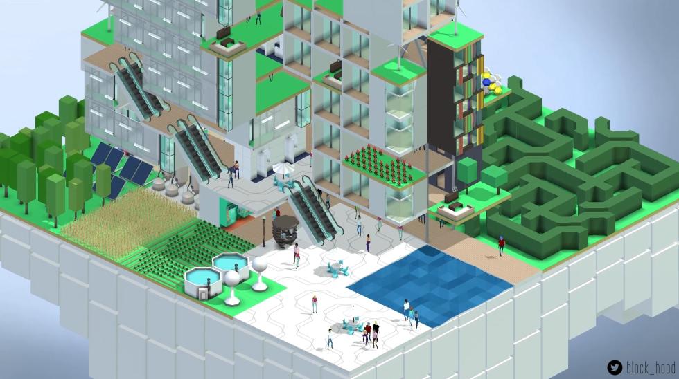 A 3D render of an isometric diorama showcasing multiple inside and outside ambients of a building and it's surroundings.