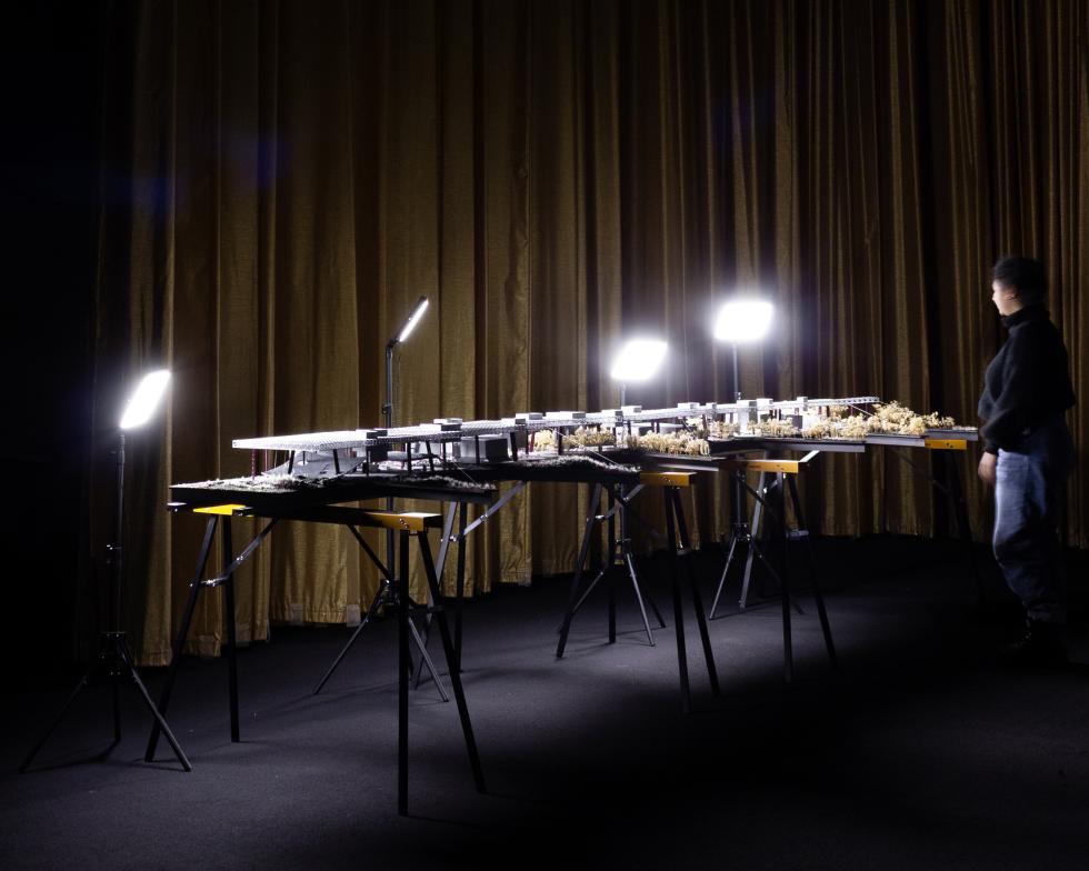 a long architectural model on supports 