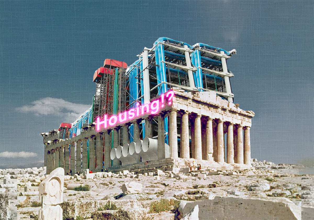 Collage of The Parthenon with contemporary construction elements added