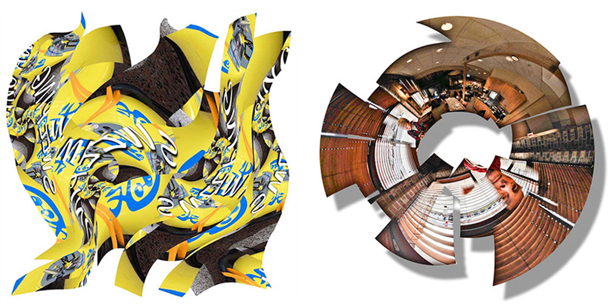 A bright yellow and blue sculpture next to an sculpture made out of an image.