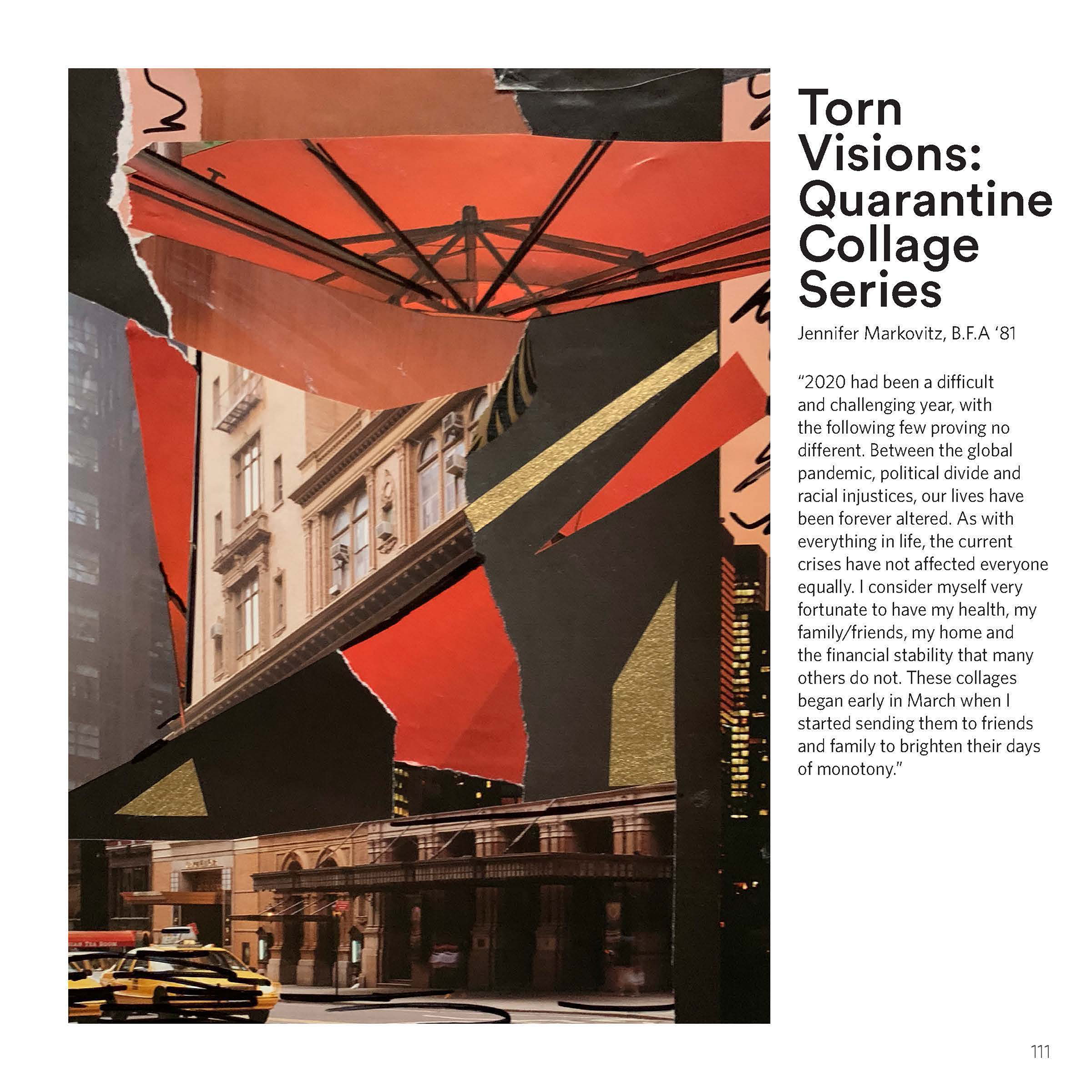 Brightly colored paper collages of urban buildings